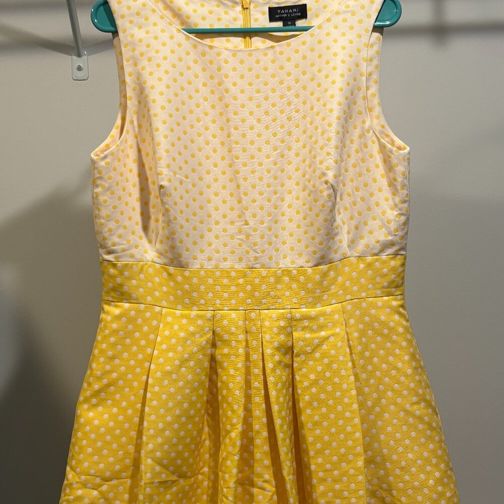 Tahari Yellow and White Polka Dot Sleeveless Fit-and-Flare Dress